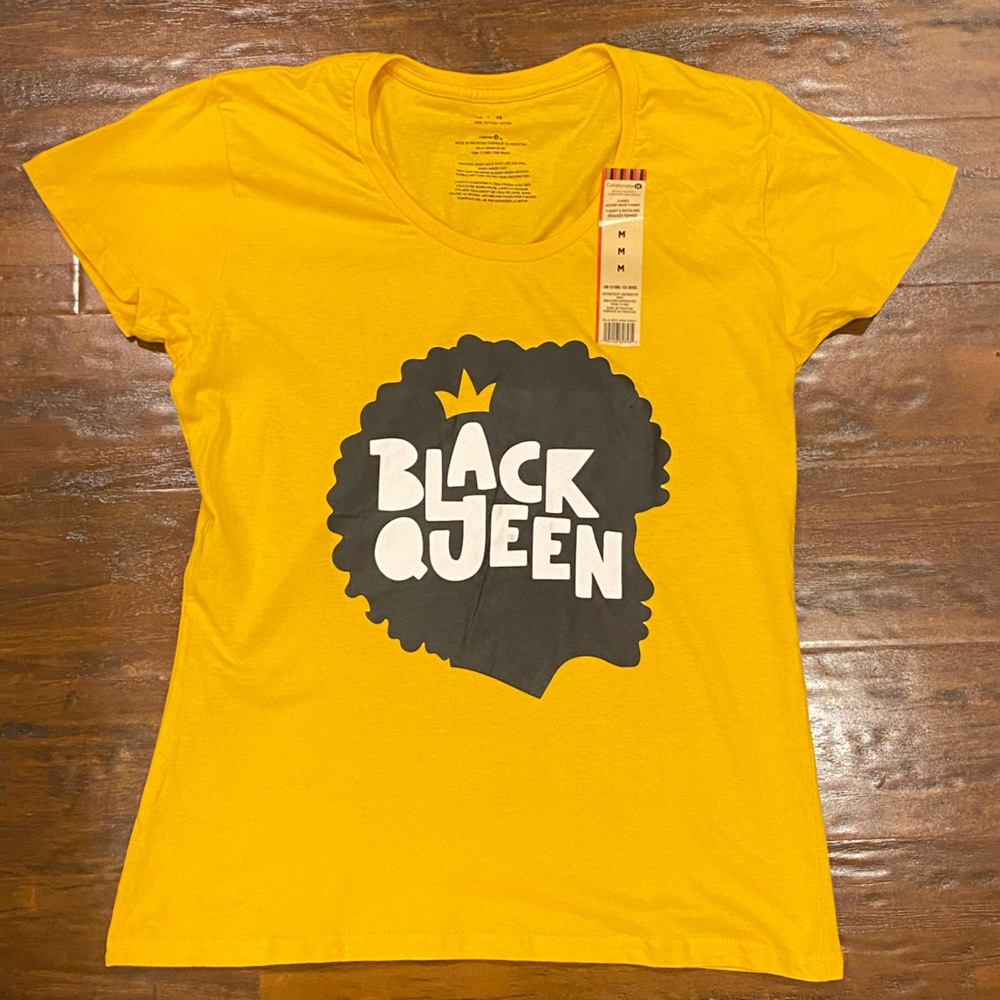 NWT Yellow Short Sleeve Black Queen 100% Cotton T-Shirt Size Medium